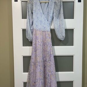 Ann Taylor wrap tie waist Floral Midi Dress in Blue and Purple 0T tall